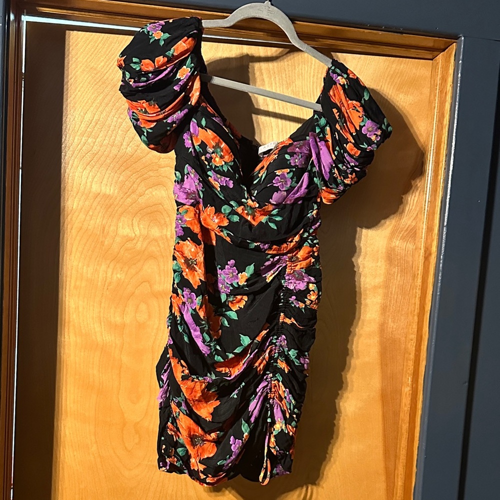 Astr ruched black mini dress with orange and purple floral print